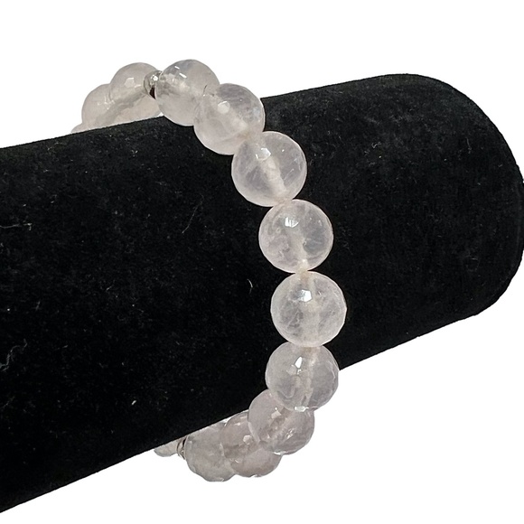 VINTAGE FACETED ROSE QUARTZ 10MM BEADS W SILVER TONE BEADS STRETCH BRACELET - Picture 8 of 8